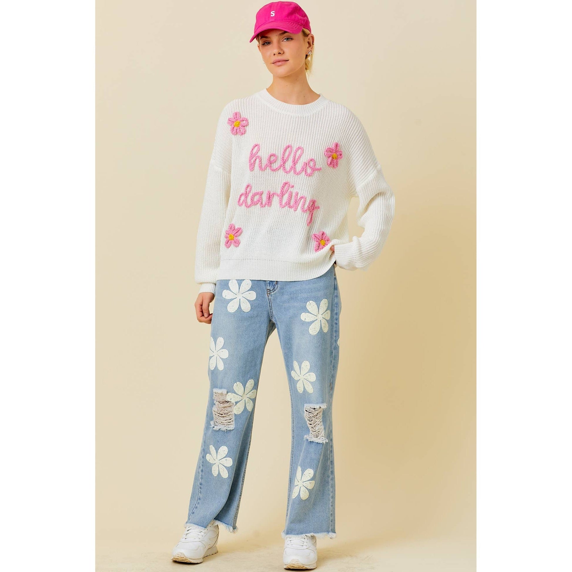 Hello Darling Flower Trim Sweater | Comfy Vintage Knit Sweatshirt [Sizes SM-L]