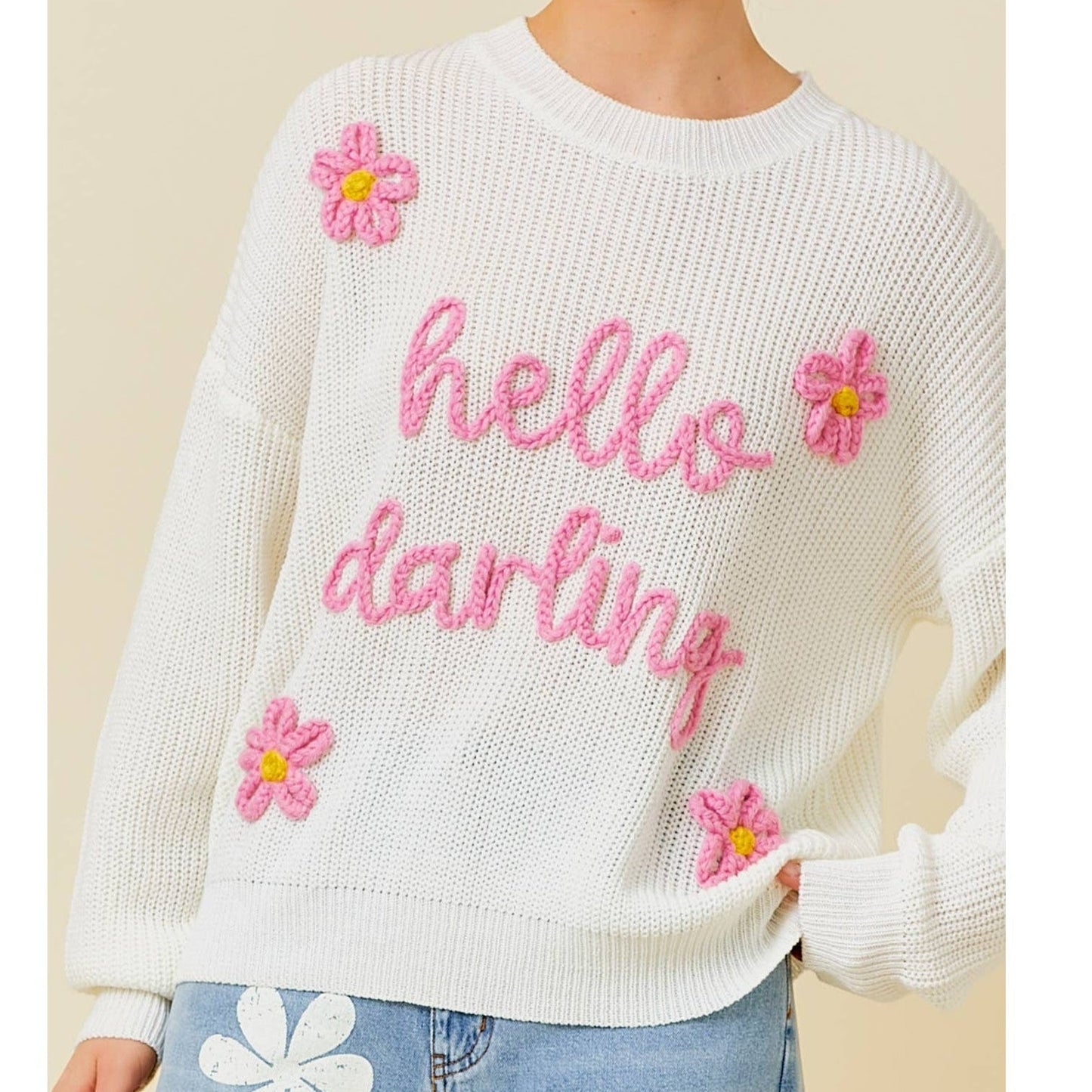 Hello Darling Flower Trim Sweater | Comfy Vintage Knit Sweatshirt [Sizes SM-L]