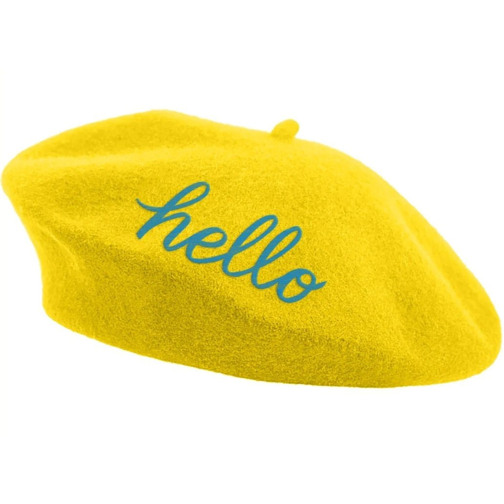 Hello Embroidered Beret in Yellow