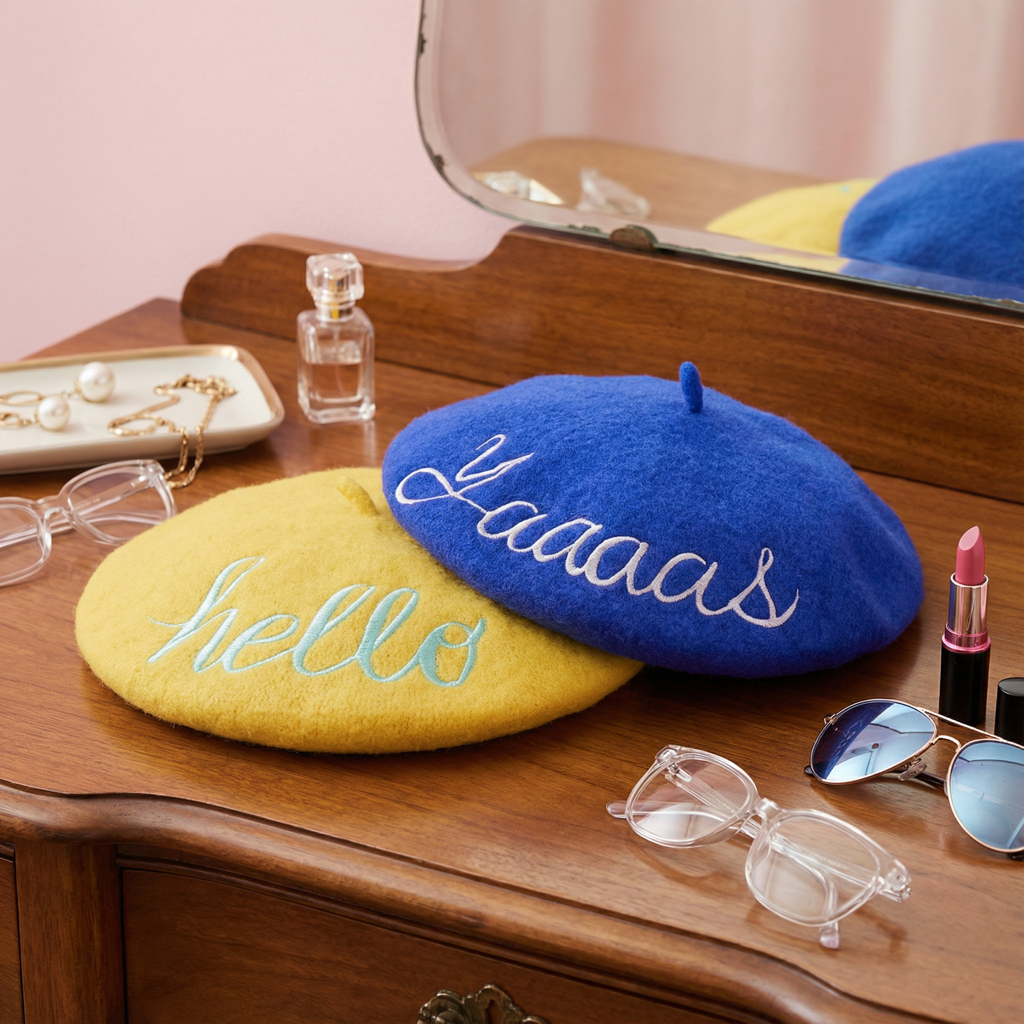 Hello Embroidered Beret in Yellow