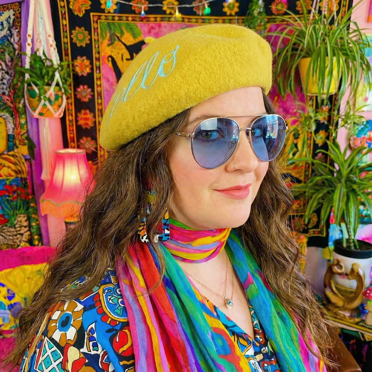 Hello Embroidered Beret in Yellow
