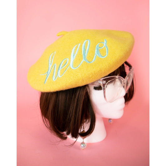 Hello Embroidered Beret in Yellow