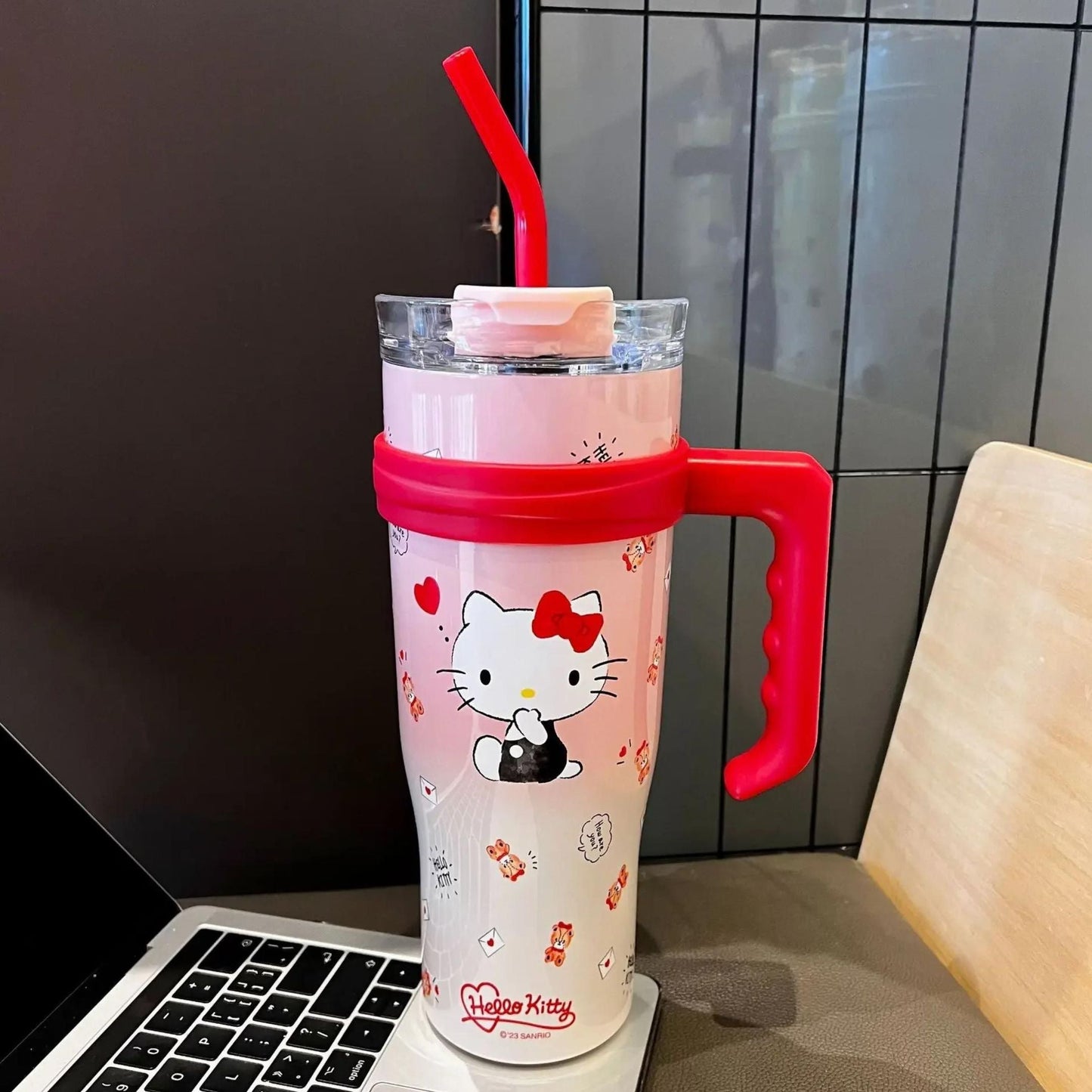 Hello Kitty 40 oz Stainless Steel Insulated Handle Tumbler in Pink and Red | XL Size with Straw | Gift for Her