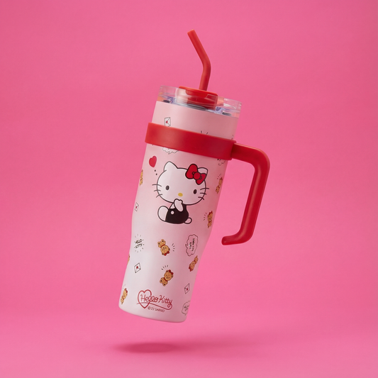Hello Kitty 40 oz Stainless Steel Insulated Handle Tumbler in Pink and Red | XL Size with Straw | Gift for Her