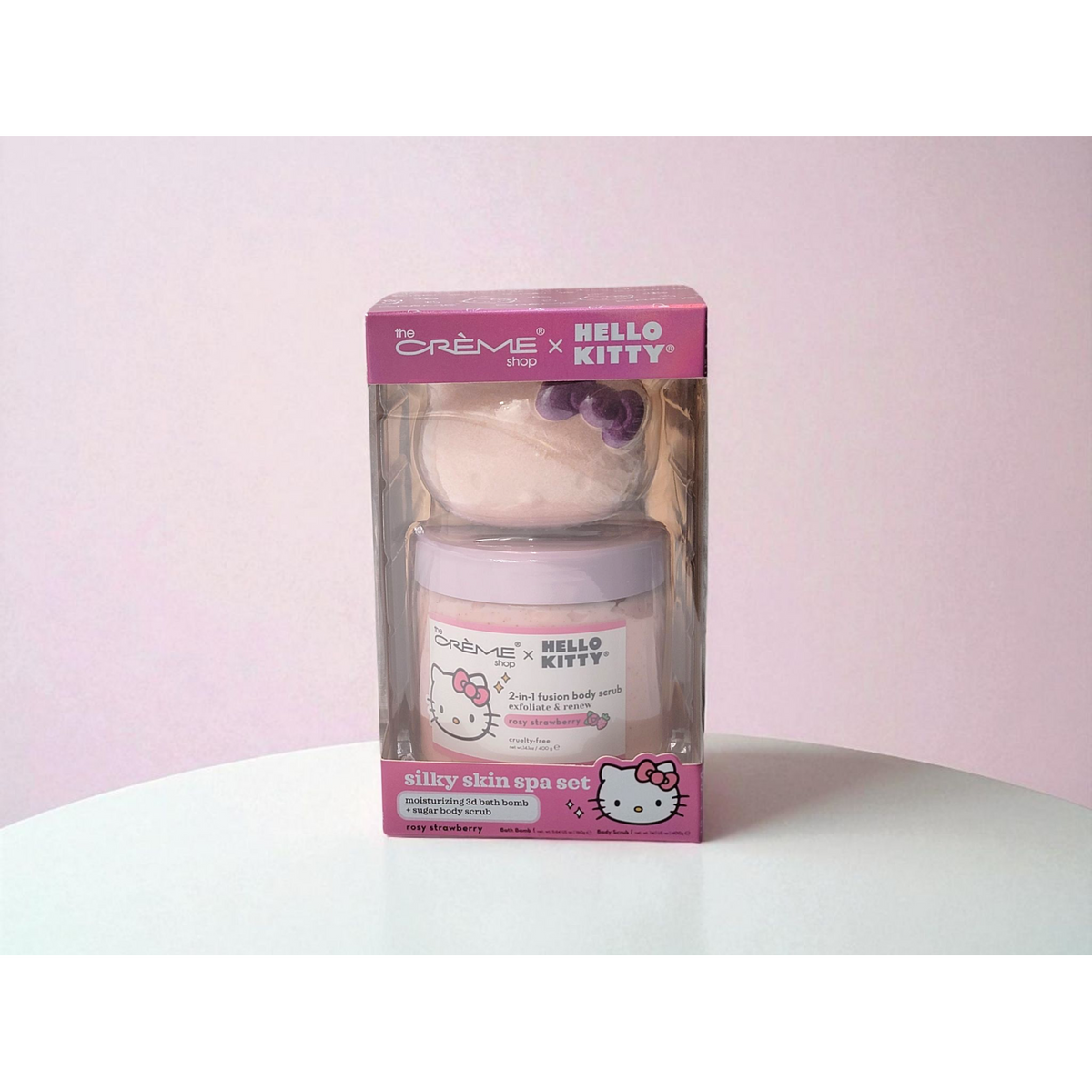 Hello Kitty skincare product set with pink packaging on a light pink background