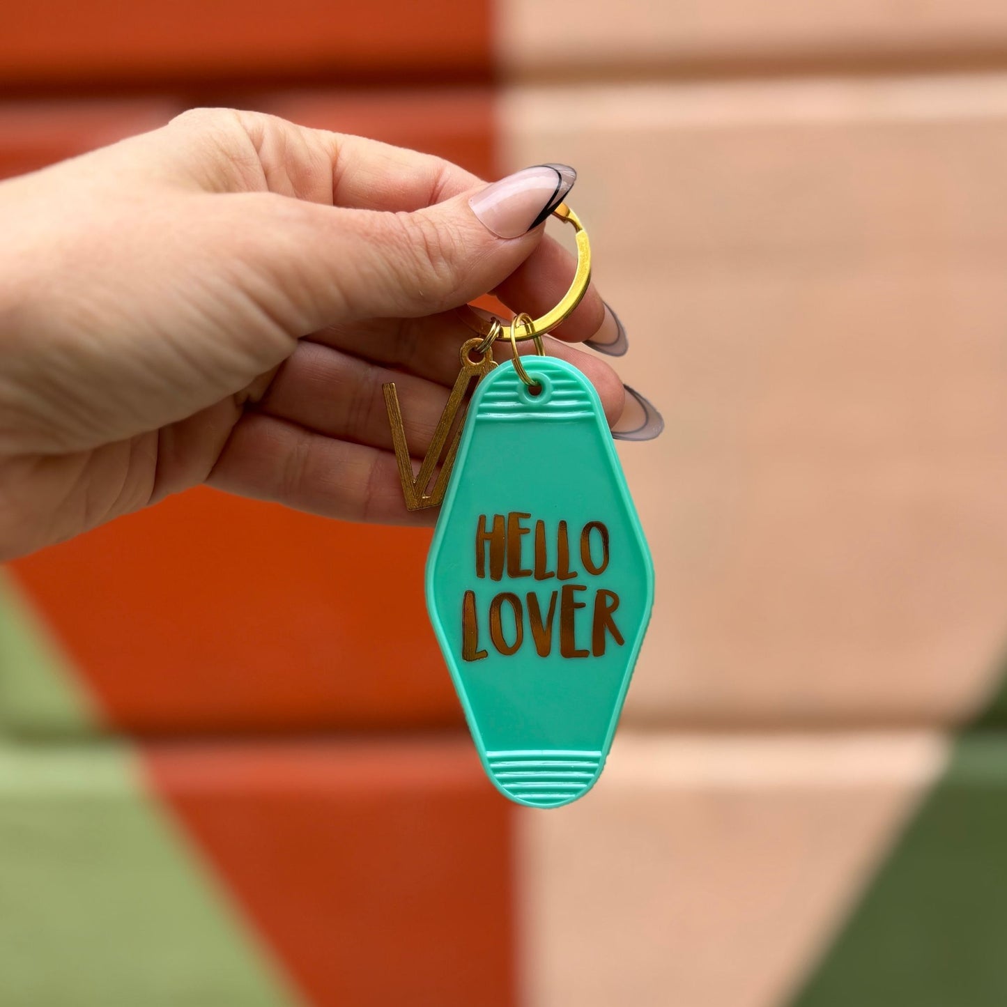 Hello Lover Motel Key Tag in Teal | Acrylic with Gold Accents