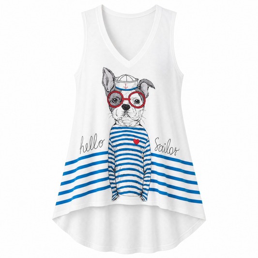 Hello Sailor Dog Print Flowy Tank Top, Yoga Tank [Available in Sizes SM-L]
