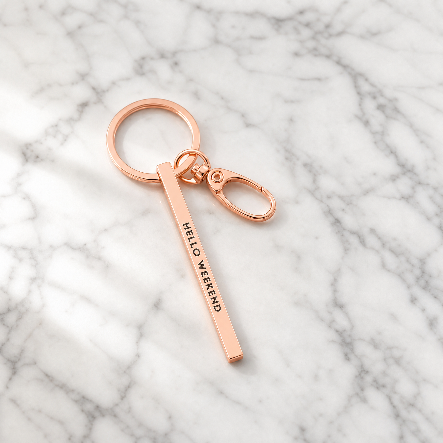 Hello Weekend Stamped Bar Keychain in Rose Gold | Minimalist Metal Quote Keychain