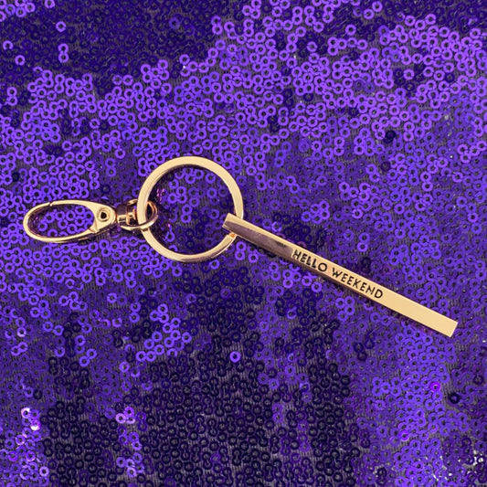 Hello Weekend Stamped Bar Keychain in Rose Gold | Minimalist Metal Quote Keychain