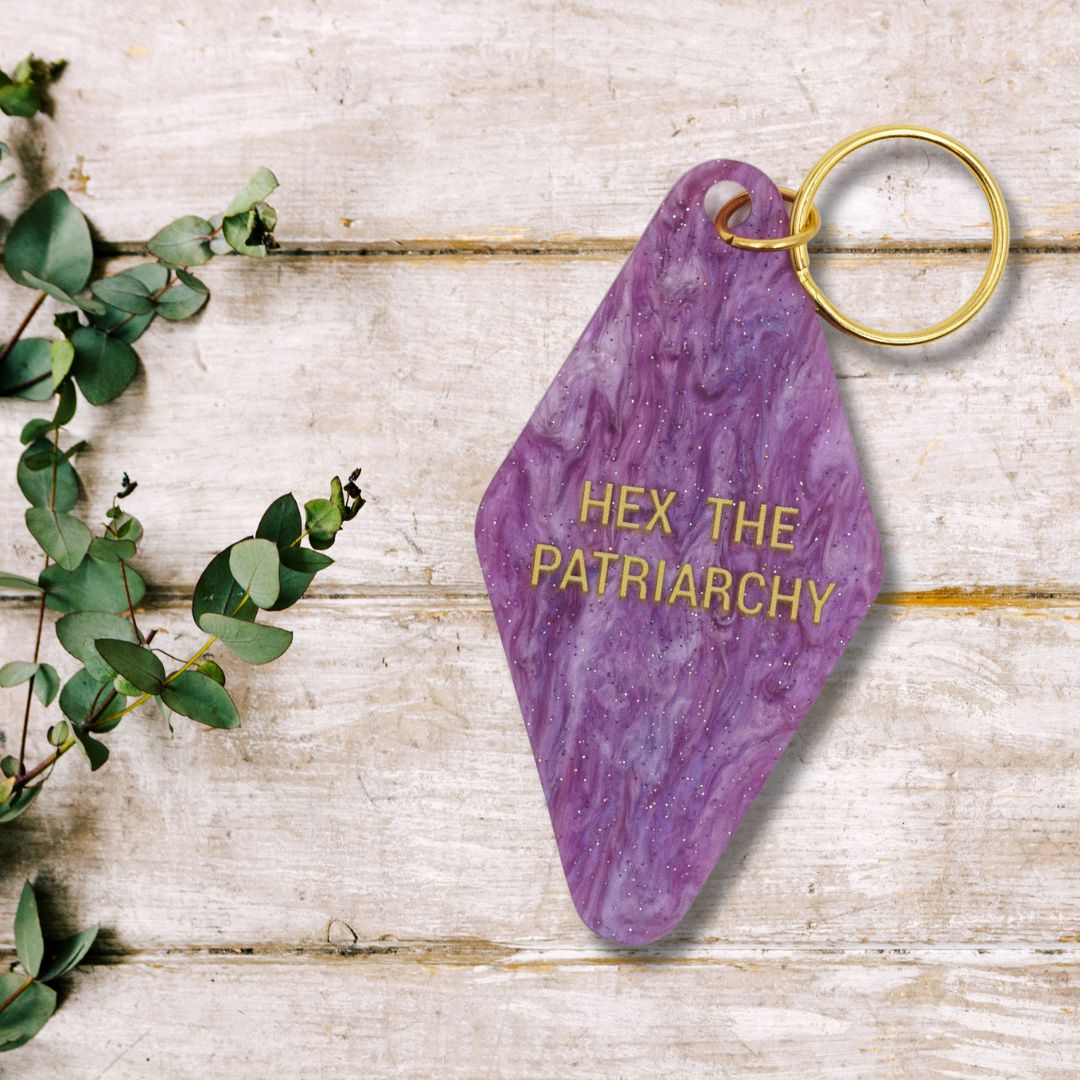 Hex the Patriarchy Feminist Motel Style Key Tag Keychain in Purple Galaxy Glitter
