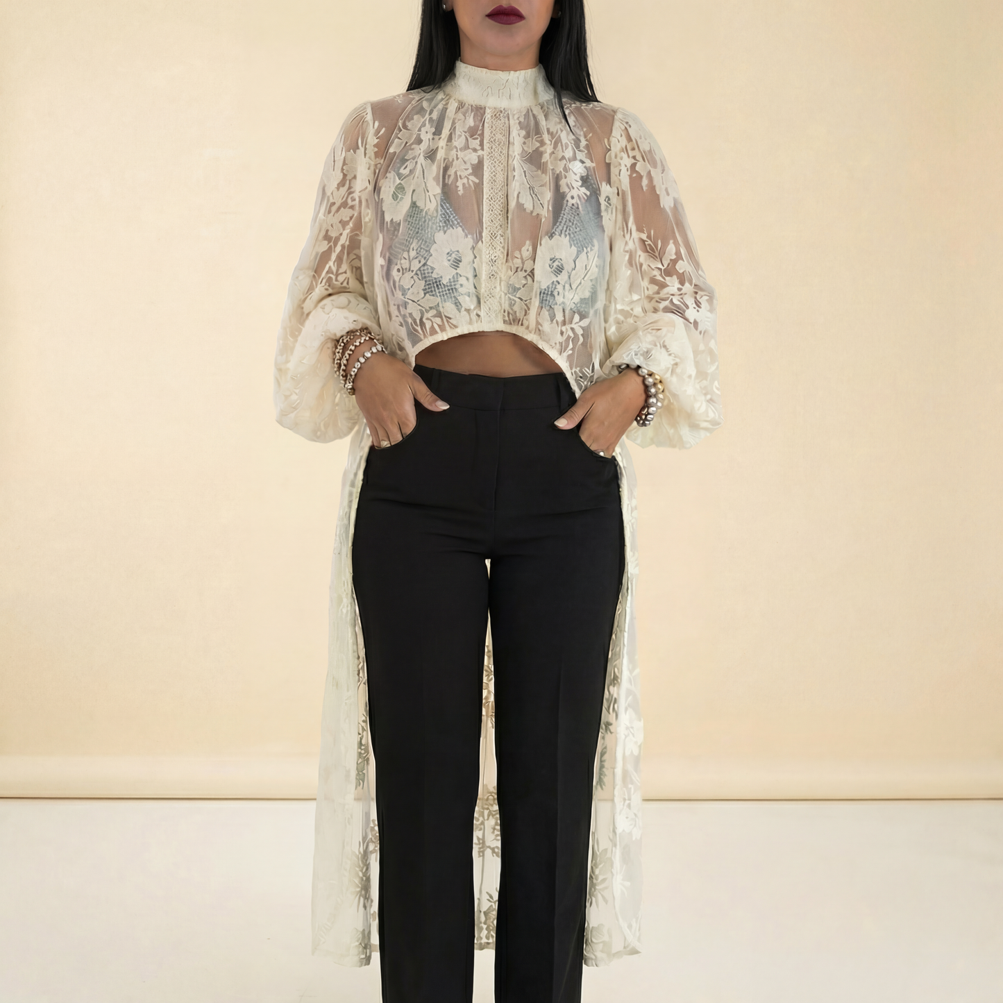 High-Low Bohemia Floral Sheer Lace Duster Blouse [Sizes S-L]