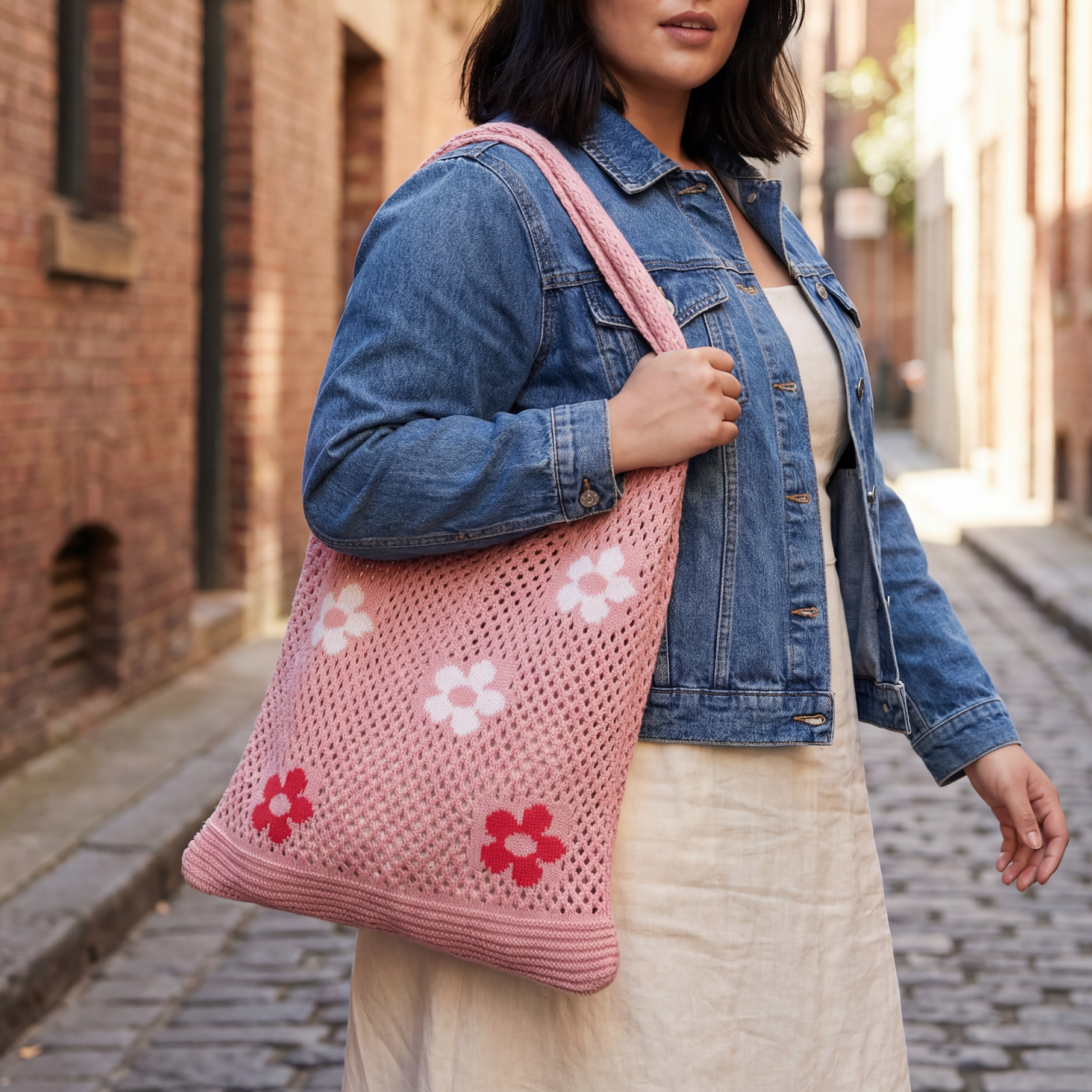 Woman holding a pink floral-patterned bag in an urban setting