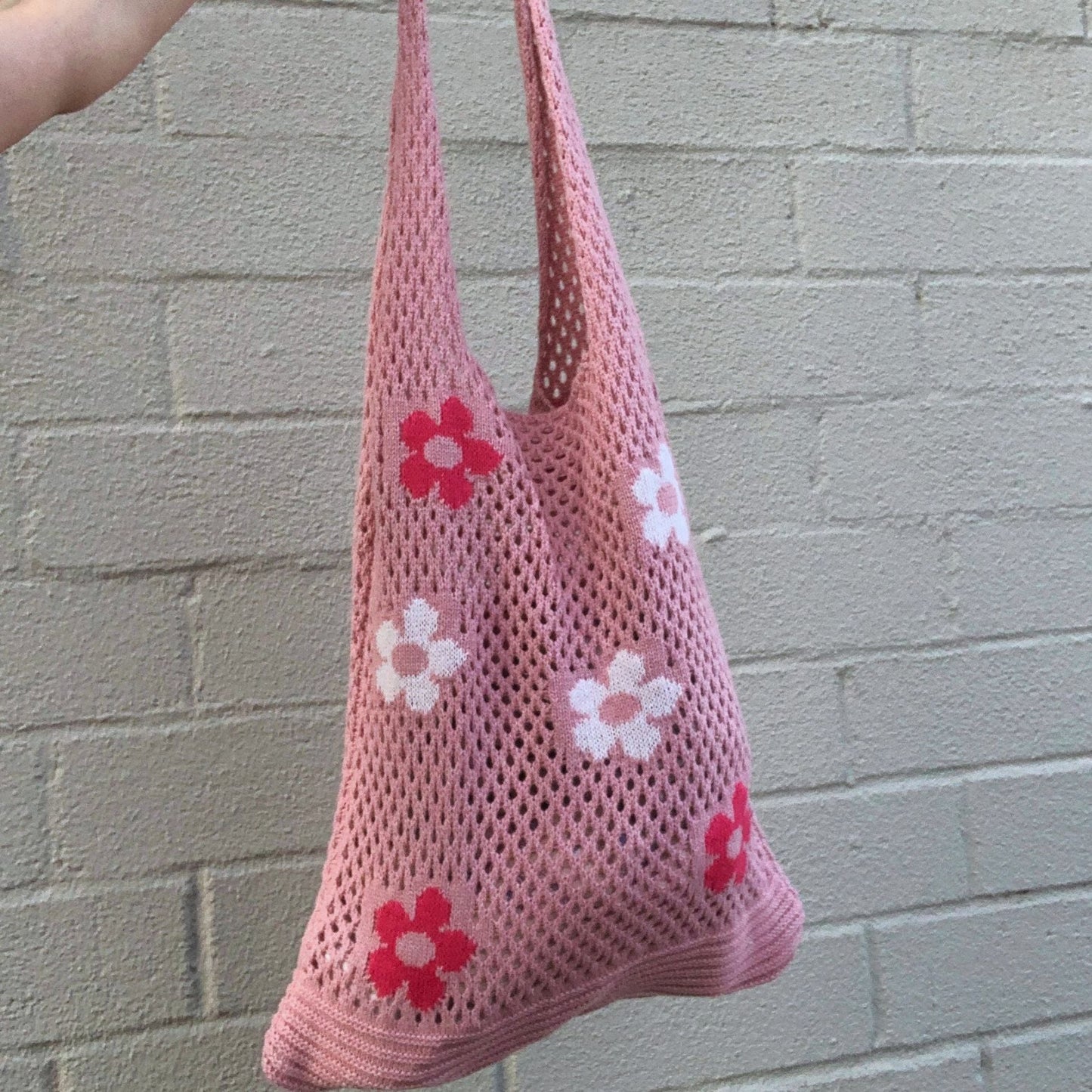 Hippie Boho Knitted Flower Tote | Floral Print Soft Shoulder Bag in Groovy Pink