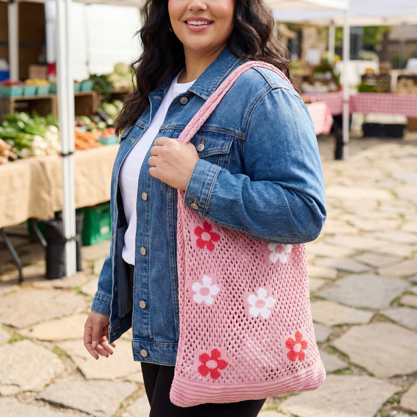 Hippie Boho Knitted Flower Tote | Floral Print Soft Shoulder Bag in Groovy Pink