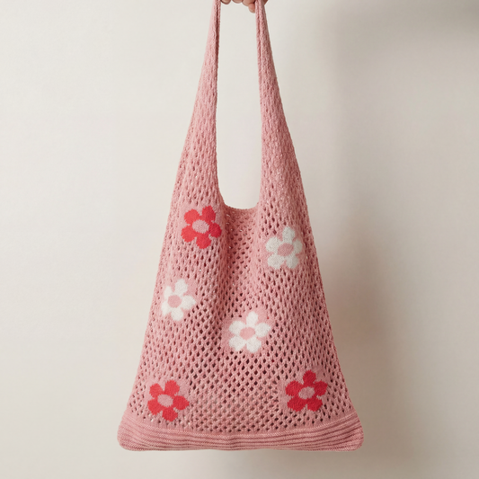 Hippie Boho Knitted Flower Tote | Floral Print Soft Shoulder Bag in Groovy Pink