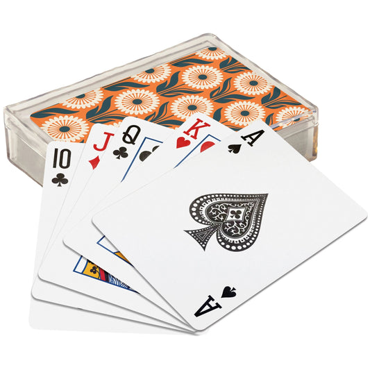 Playing cards with a floral-patterned card holder on a white background