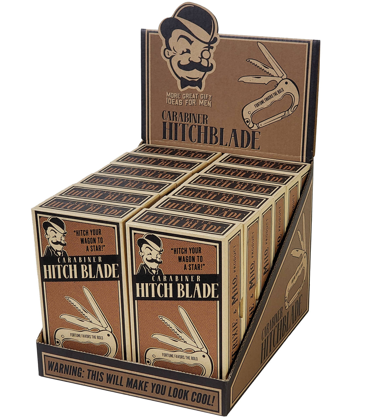 Display of Carambiner Hitchblade boxes with a cartoon character 