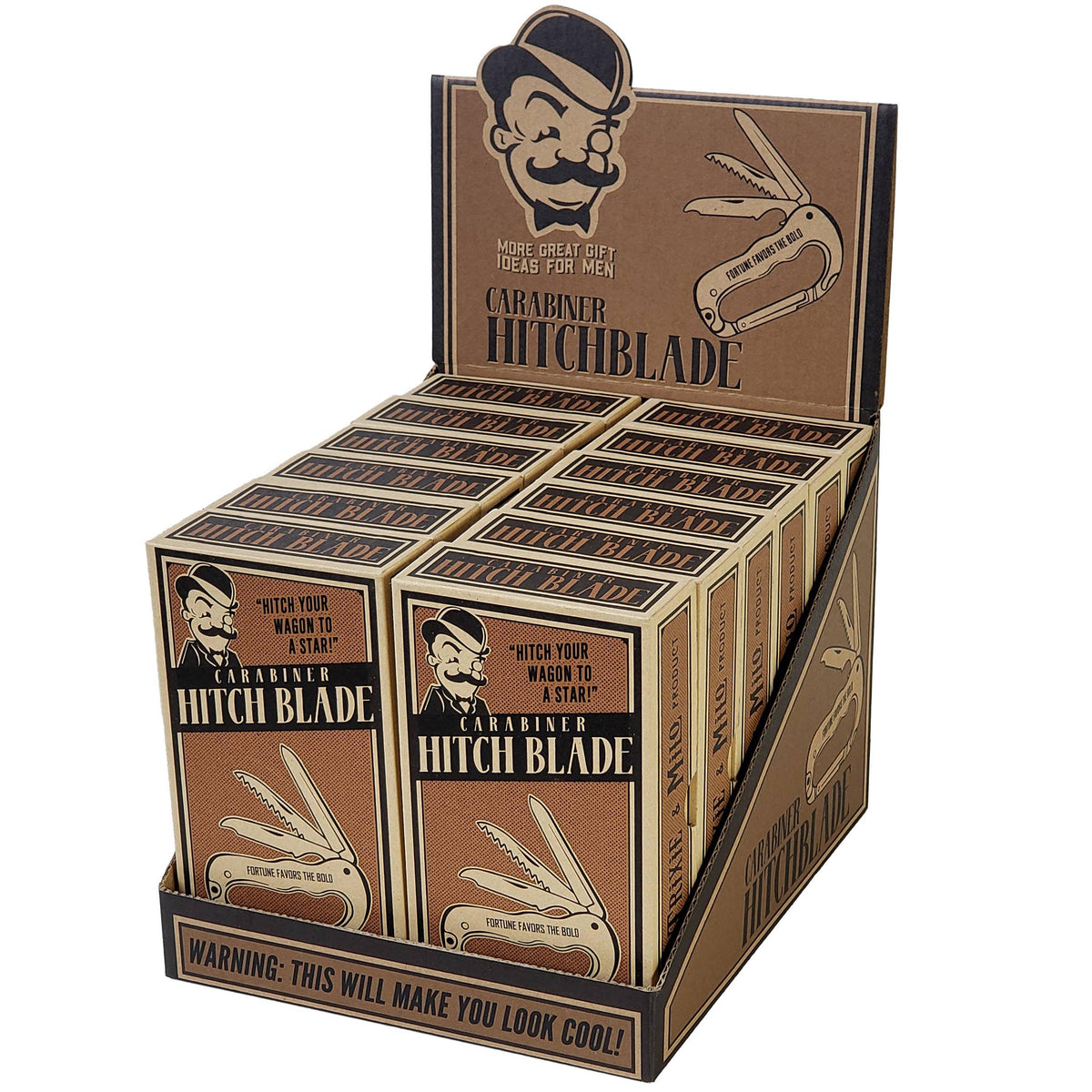 Display of Carambiner Hitchblade boxes with a cartoon character 
