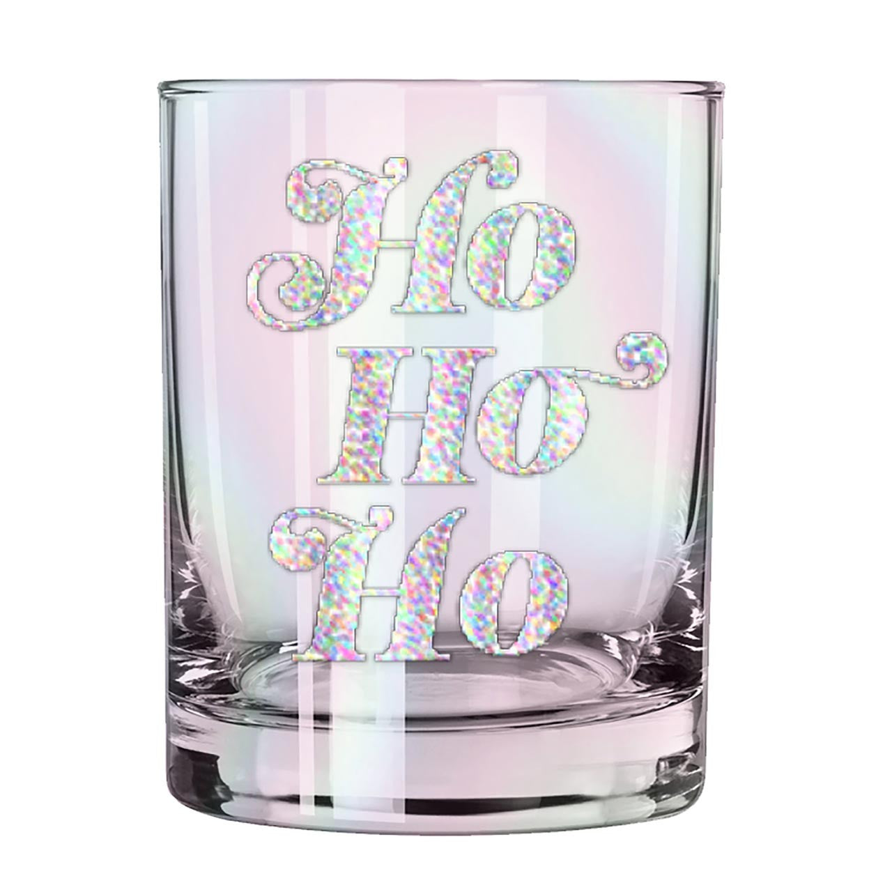Clear glass tumbler with 'Ho Ho Ho' text in iridescent glitter on a white background