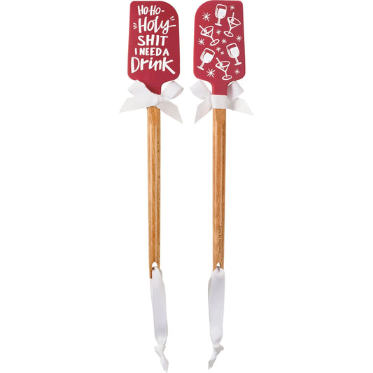 Ho Ho Holy I Need A Drink Wine & Martini Glass Spatula | Wooden Handle Double-Sided Funny Christmas Silicone Spatula-Primitives by Kathy-The Bullish Store