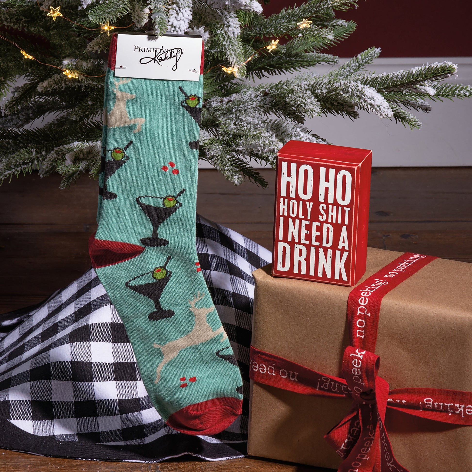 Ho Ho Holy Shit I Need A Drink Box Sign And Sock Giftable Set | Holiday Gift Set