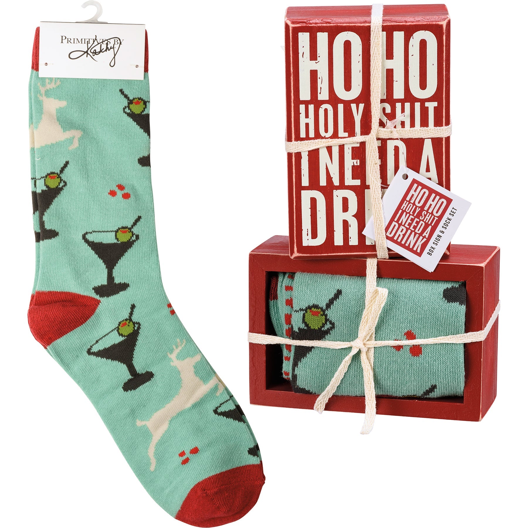 Ho Ho Holy Shit I Need A Drink Box Sign And Sock Giftable Set | Holiday Gift Set