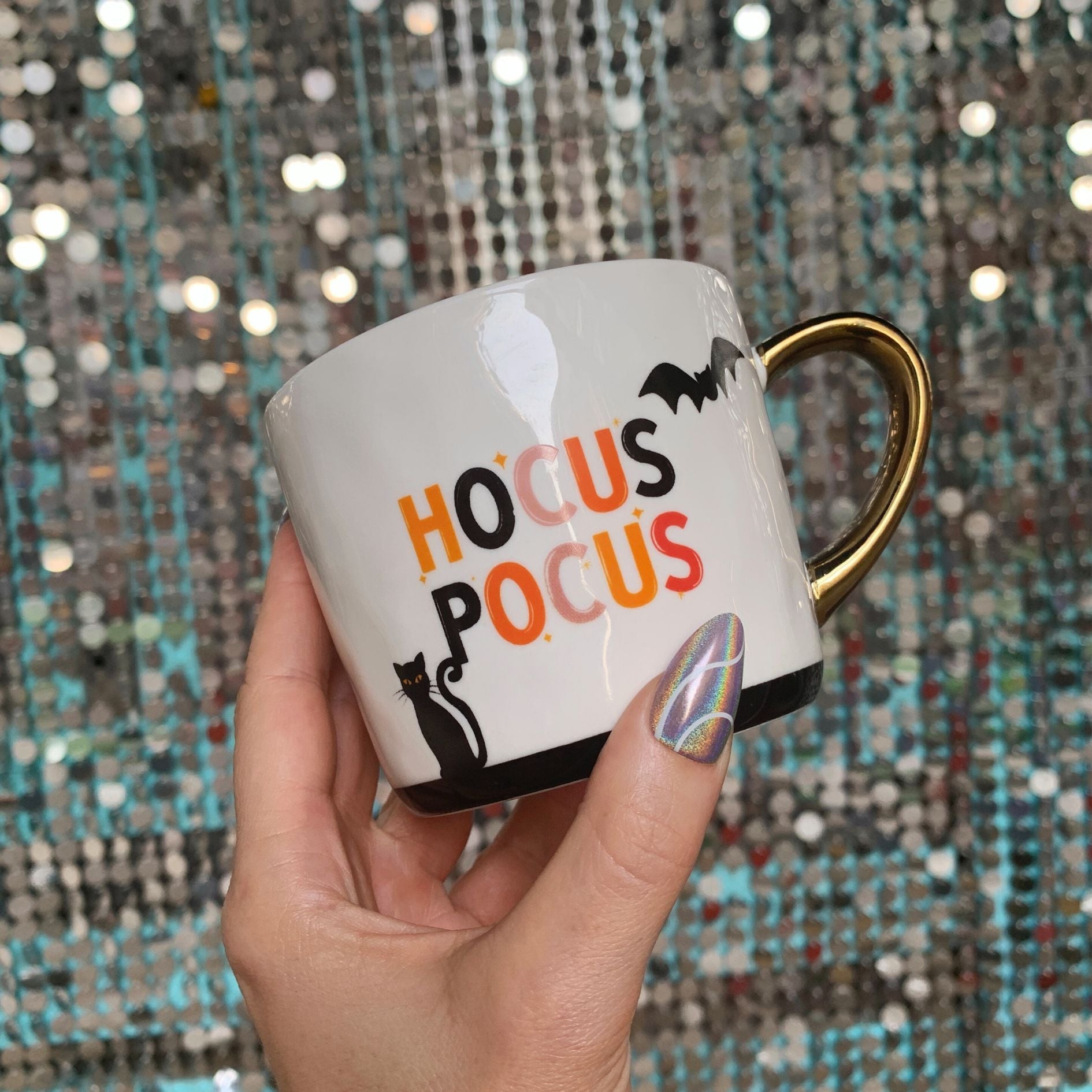 Hocus Pocus Cozy Gold Handle Mug | Halloween Themed Stoneware Coffee Tea Cup | 15oz.