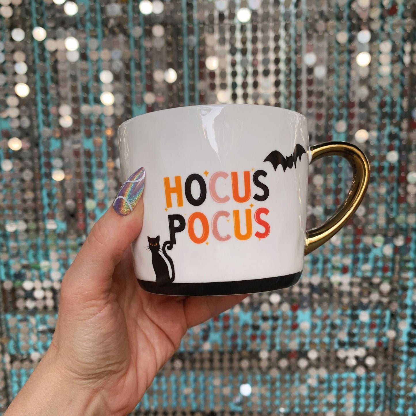 Hocus Pocus Cozy Gold Handle Mug | Halloween Themed Stoneware Coffee Tea Cup | 15oz.