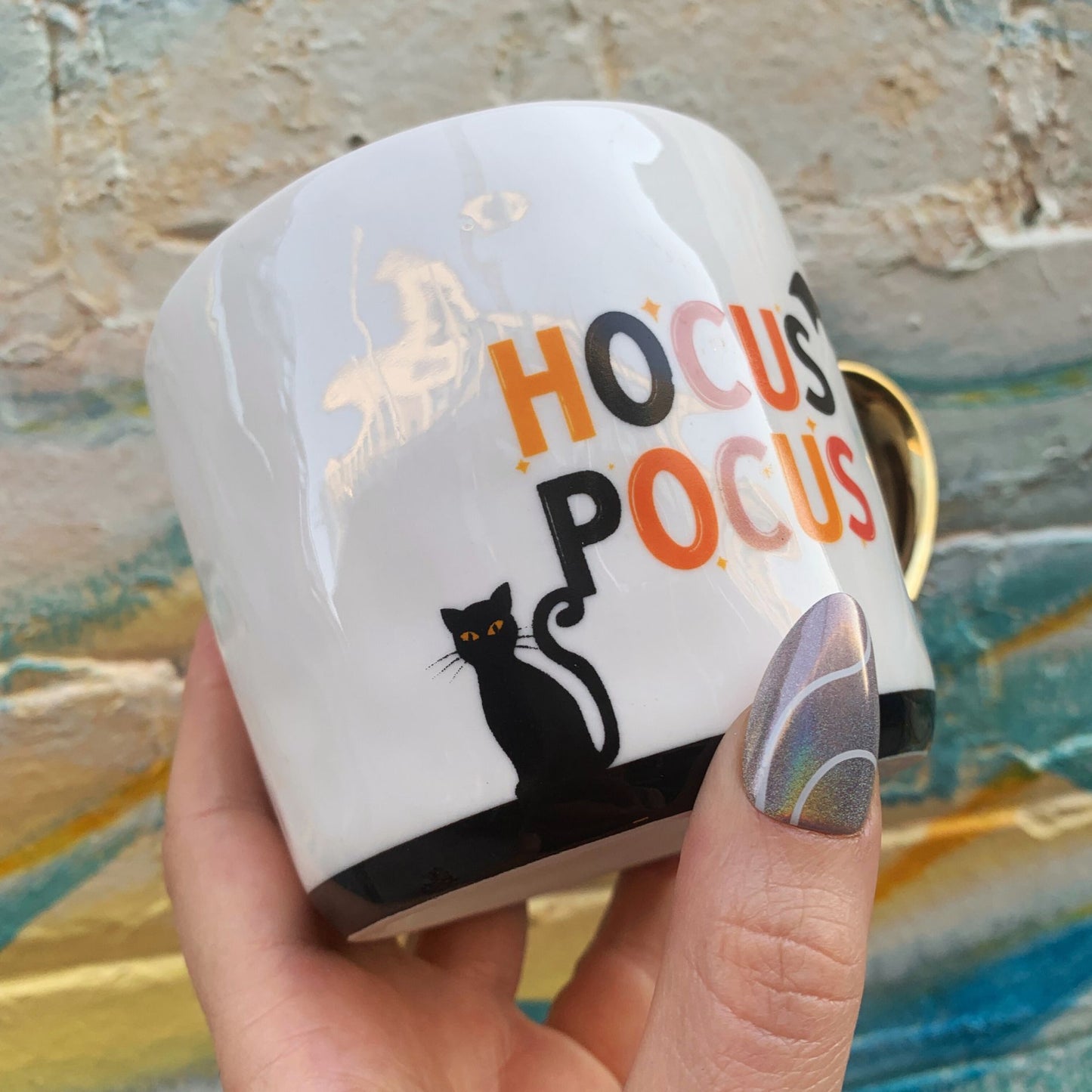 Hocus Pocus Cozy Gold Handle Mug | Halloween Themed Stoneware Coffee Tea Cup | 15oz.