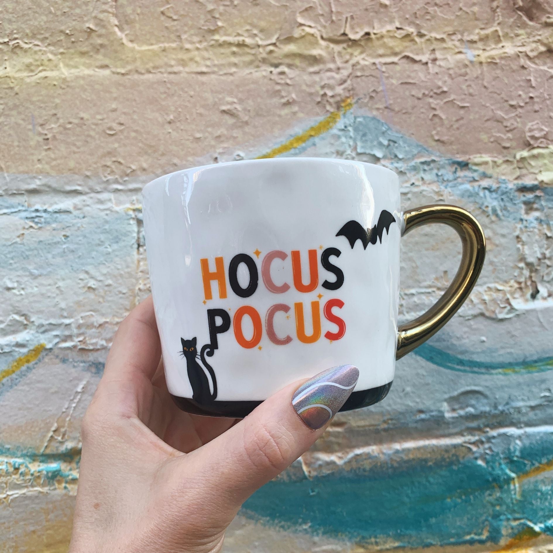 Hocus Pocus Cozy Gold Handle Mug | Halloween Themed Stoneware Coffee Tea Cup | 15oz.