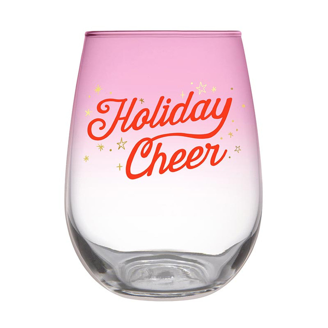 Pink glass with 'Holiday Cheer' text on a white background