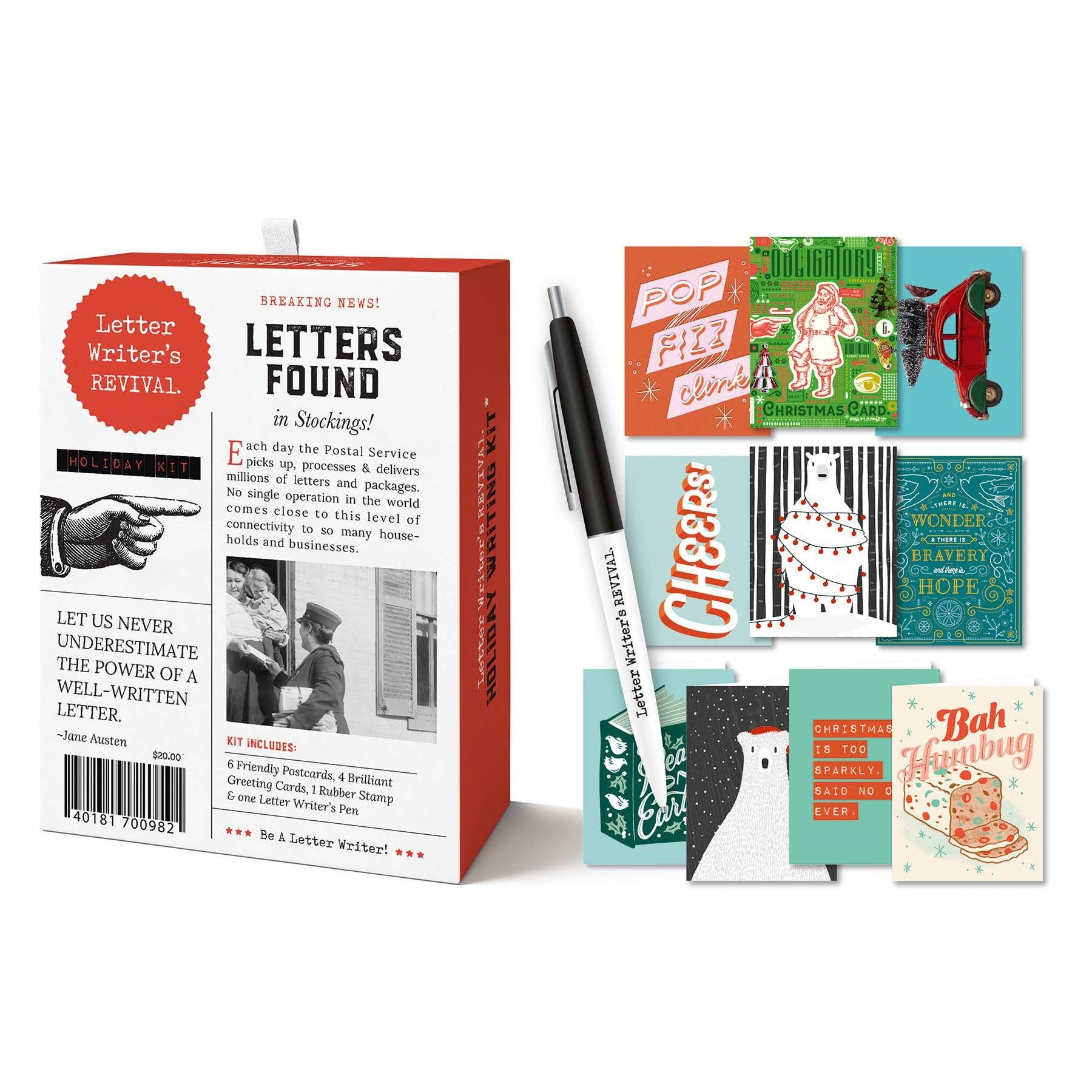 Letter writing kit with books, cards, and a pen on a white background