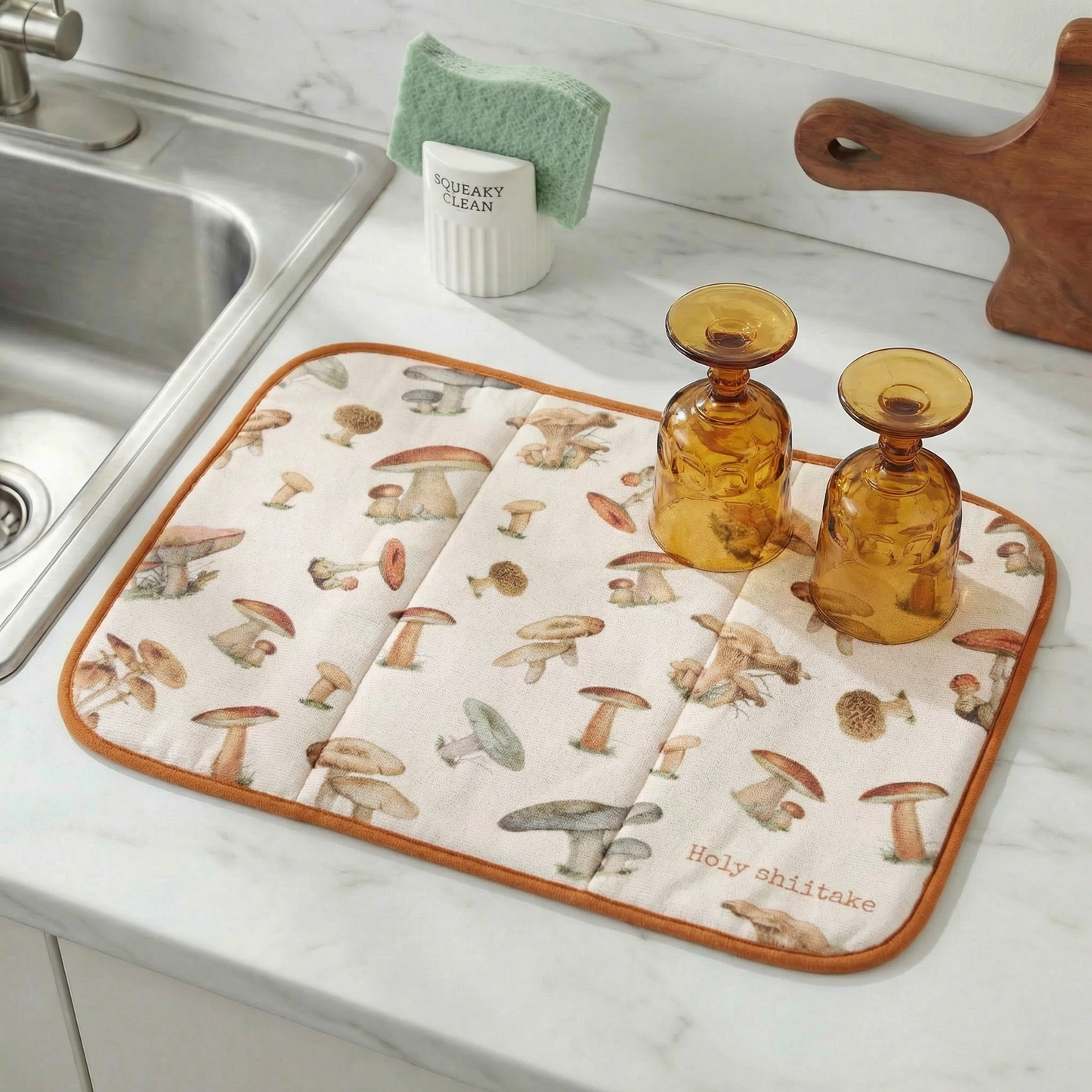 Holy Shiitake Ultra-Absorbent Drying Mat | Vintage Art of Wild Mushrooms Dish Drainer Pad | 21" x 14"