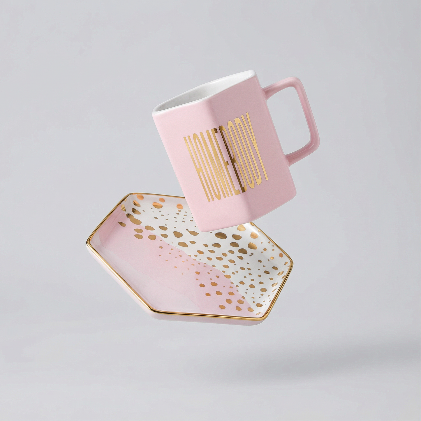 Homebody Hexagon Mug and Saucer Set in Pink with Gold Dot Pattern