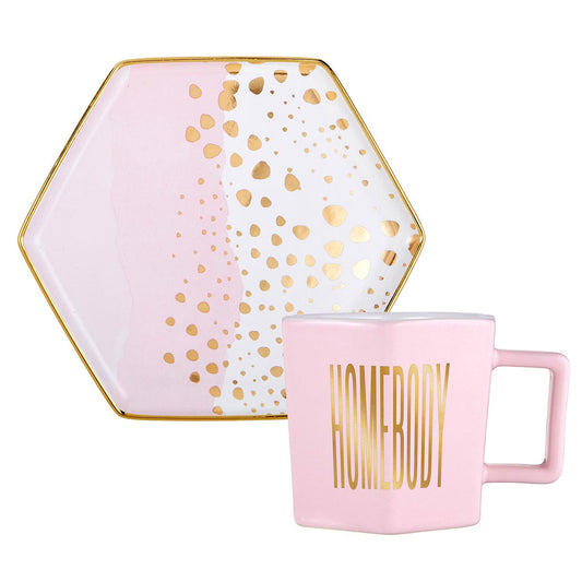 Homebody Hexagon Mug and Saucer Set in Pink with Gold Dot Pattern