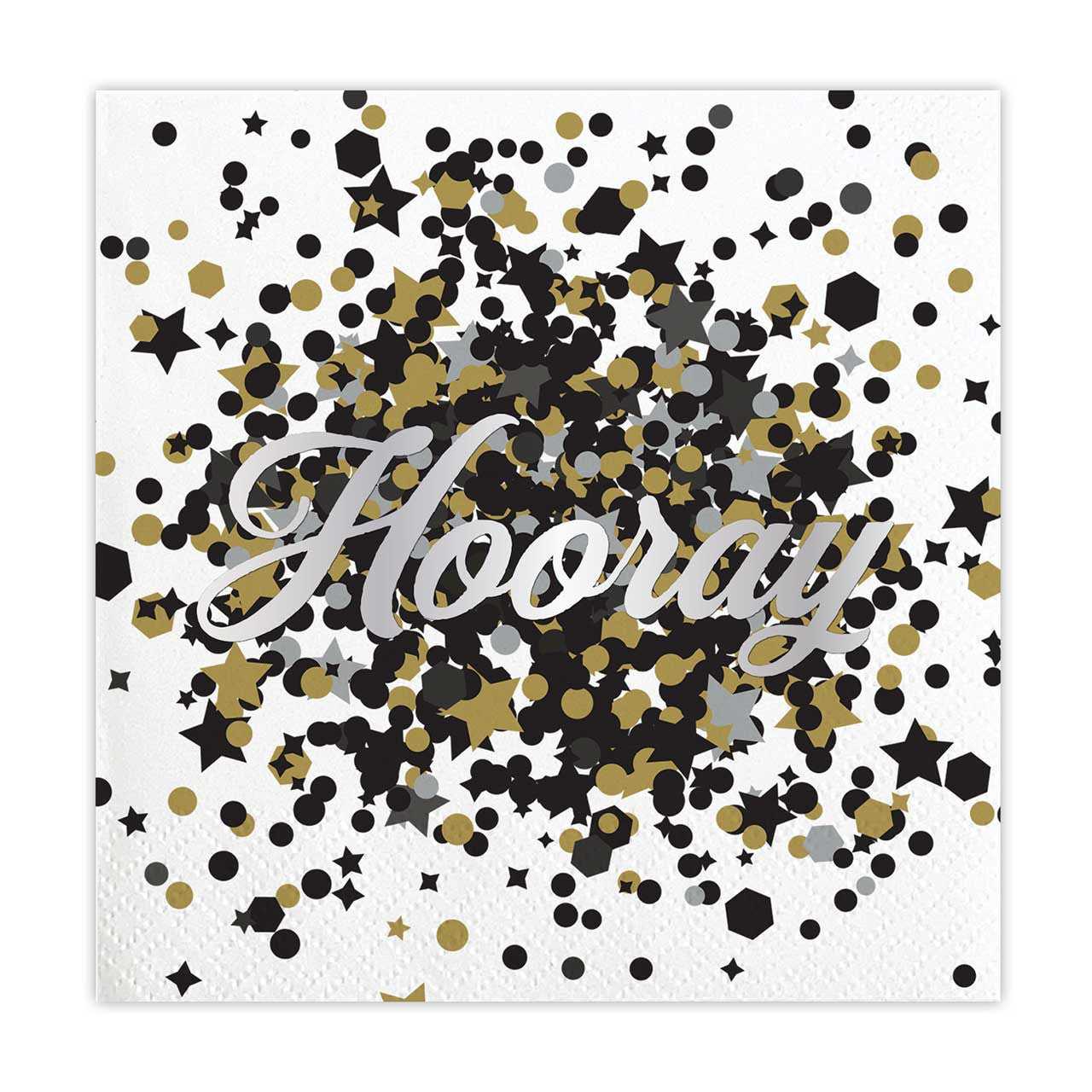 Napkin with 'Hooray' text and confetti pattern on a white background