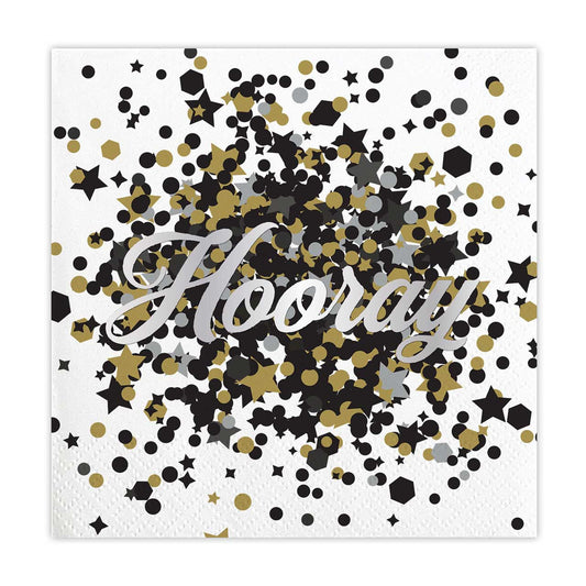 Napkin with 'Hooray' text and confetti pattern on a white background