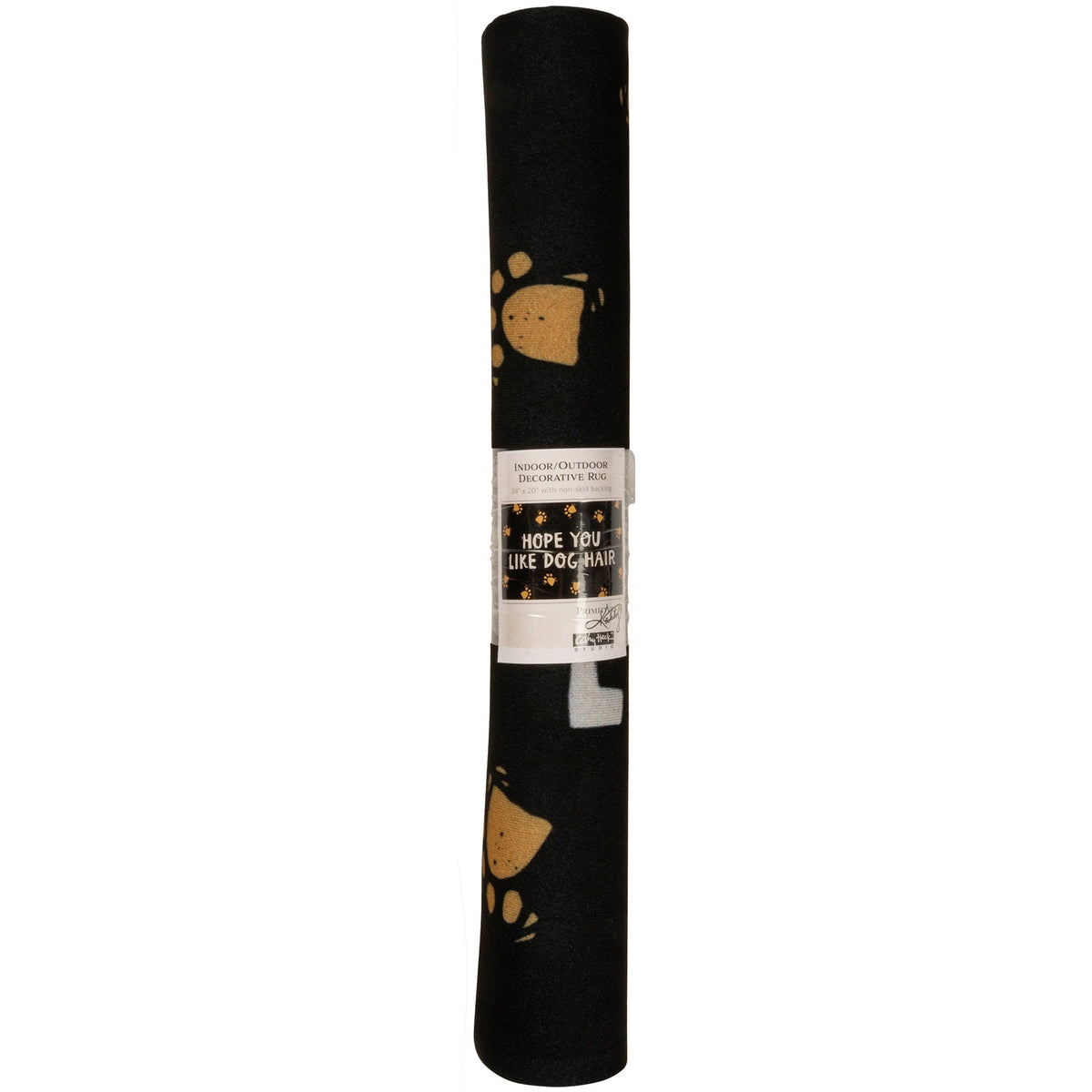 Roll of black paper with paw prints and text on a white background