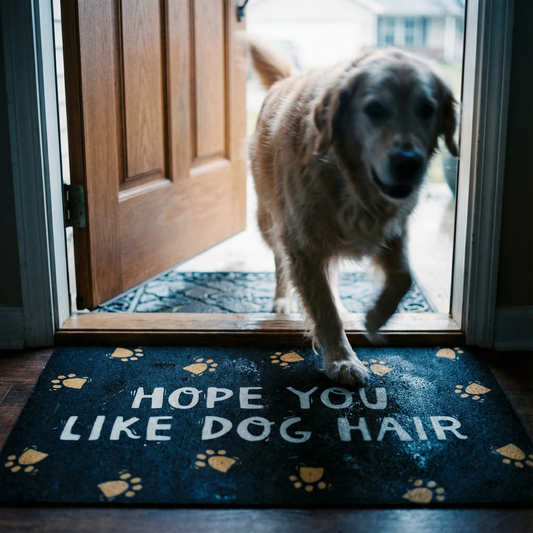 Dog standing on a doormat with text 'Hope you like dog hair' at the entrance of a house.
