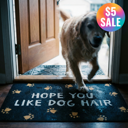 Dog standing on a doormat with text 'Hope you like dog hair' at the entrance of a house.