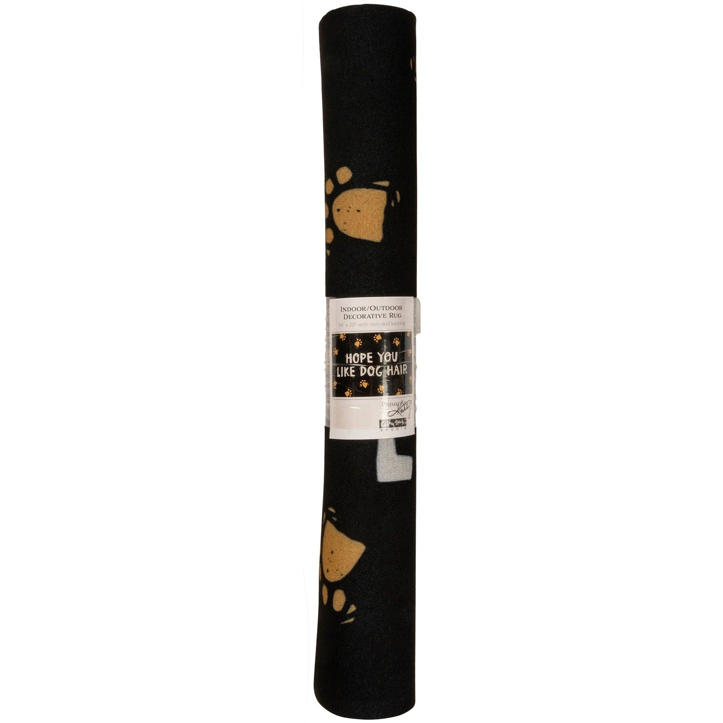 Roll of black paper with paw prints and text on a white background