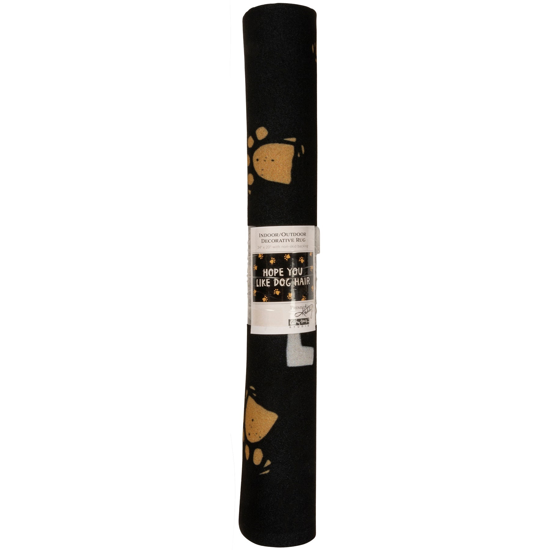 Roll of black paper with paw prints and text on a white background
