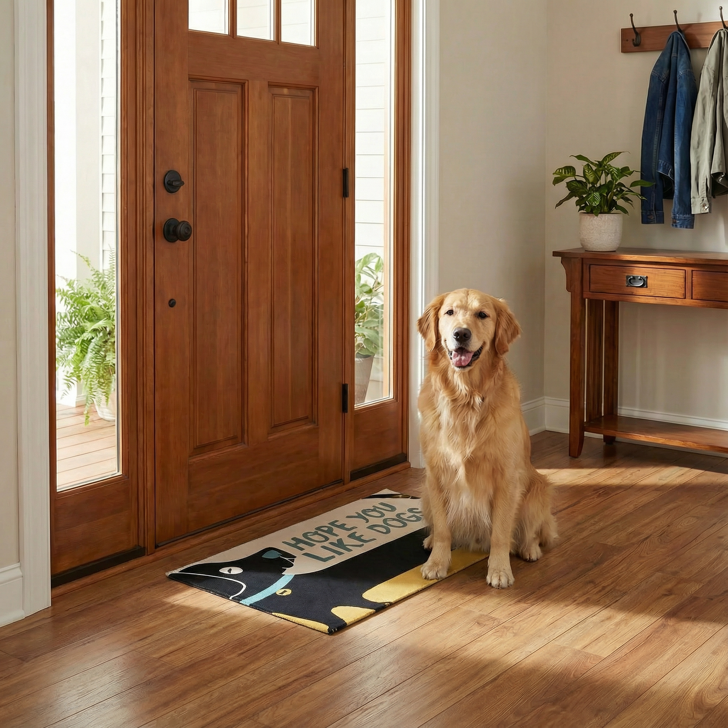 Dog sitting on a doormat with a humorous design in front of a wooden door.