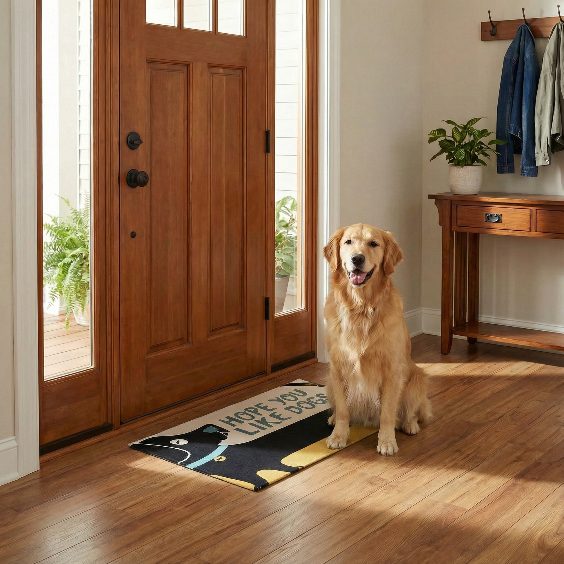 Dog sitting on a doormat with a humorous design in front of a wooden door.