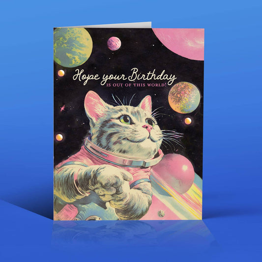 Hope Your Birthday Is Out of This World Spacecat Birthday Card | Funny Cat Astronaut Greeting Card