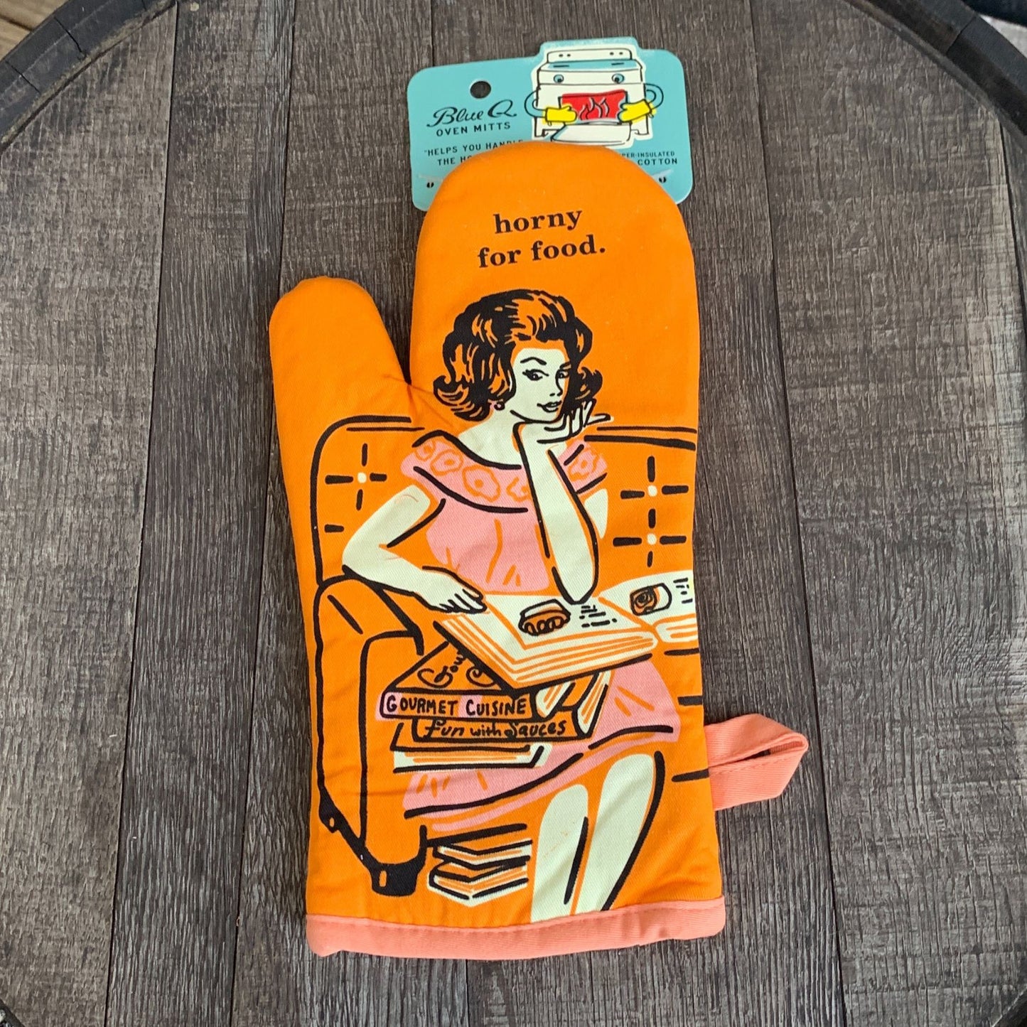 Horny For Food Thermal Oven Mitt in Orange | Kitchen Thermal Single Pot Holder | BlueQ at GetBullish