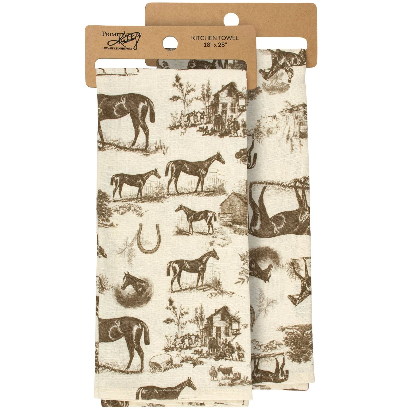 Front and back parts of kitchen towel with horse and farm design 