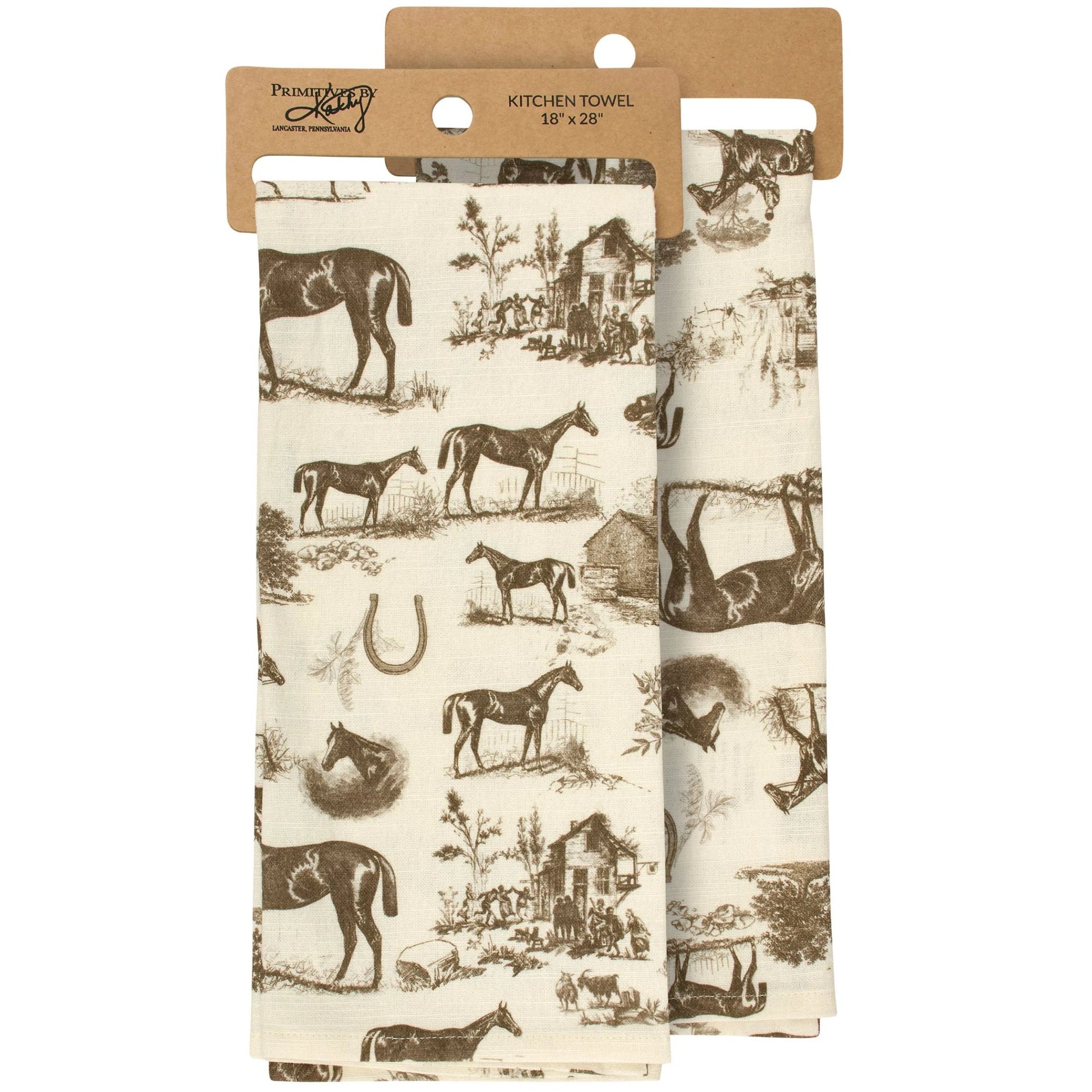 Front and back parts of kitchen towel with horse and farm design 