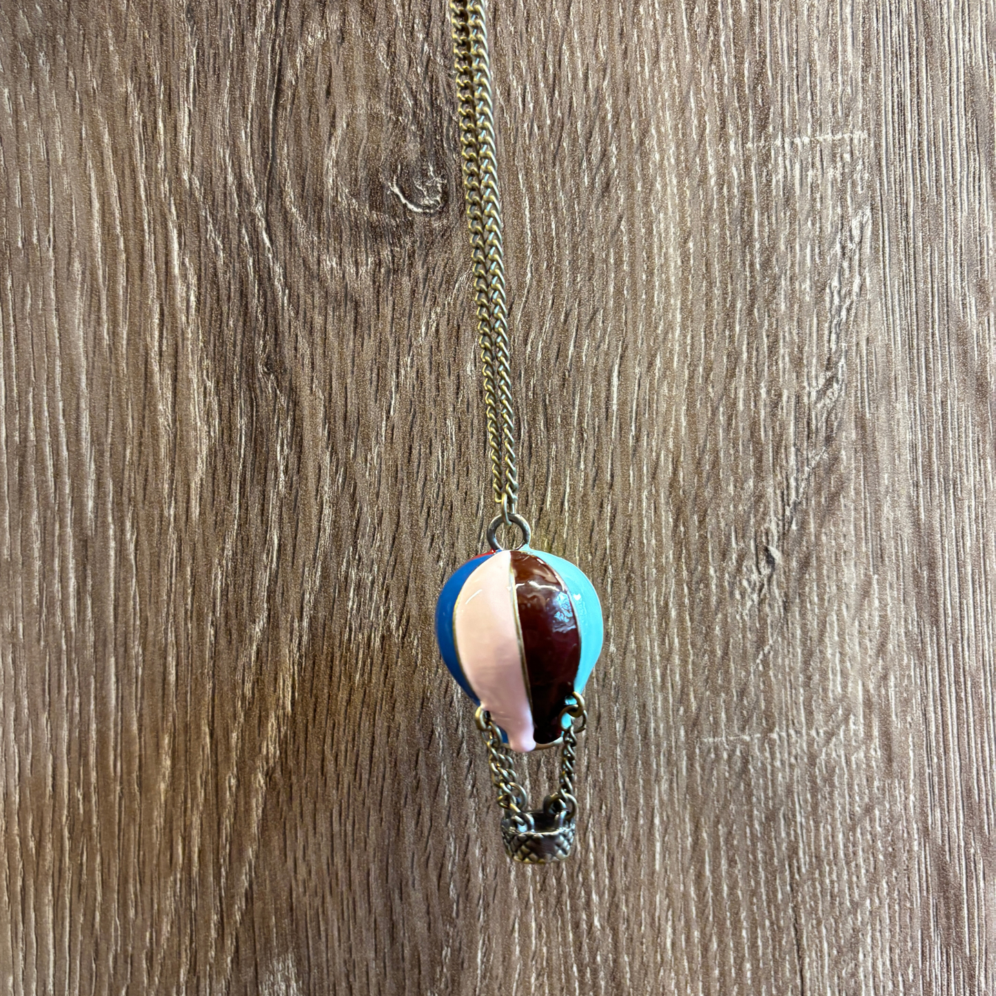 Hot Air Balloon Necklace | Rainbow Enamel Balloon with Bronze Chains & Basket