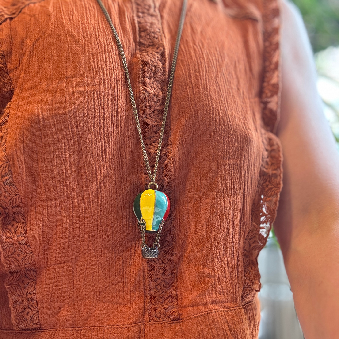 Hot Air Balloon Necklace | Rainbow Enamel Balloon with Bronze Chains & Basket